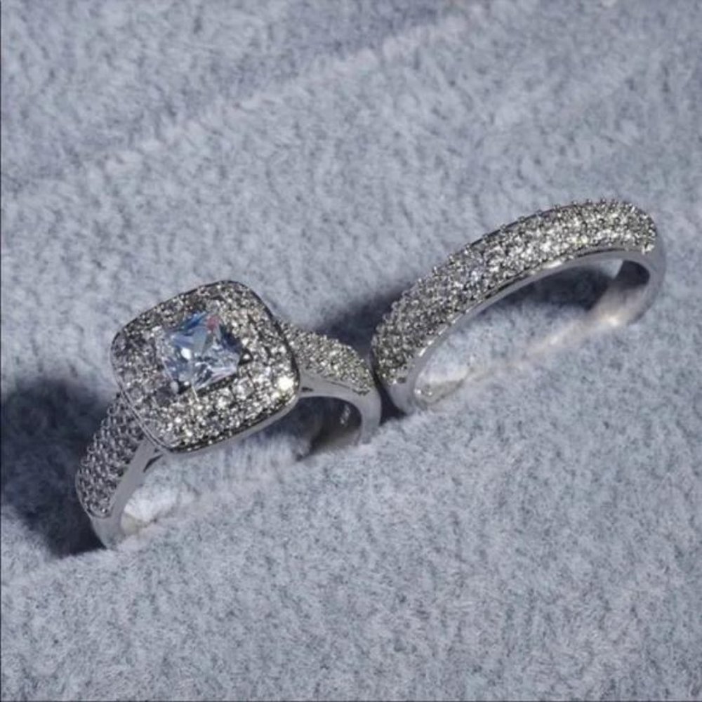 PRINCESS 925 STERLING SILVER DIAMOND HALO RING SET, CUTE RING, SHINY RING. - Picture 4 of 7